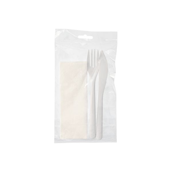 Mehrweg-Bestecksets PP-MF 22 cm : Messer, Gabel, Serviette in Folienbeutel - Bild 1