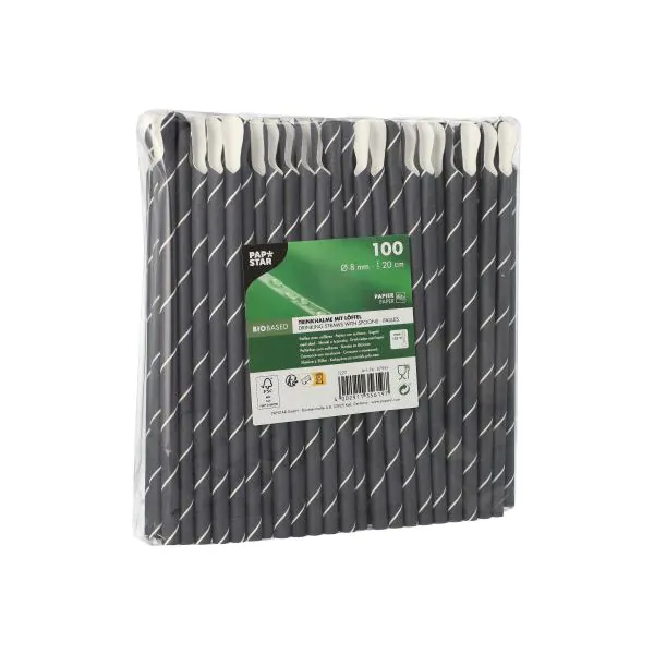 Papierstrohhalme mit Löffel "pure" Ø 8 mm · 20 cm schwarz/weiss "Stripes" - Bild 2