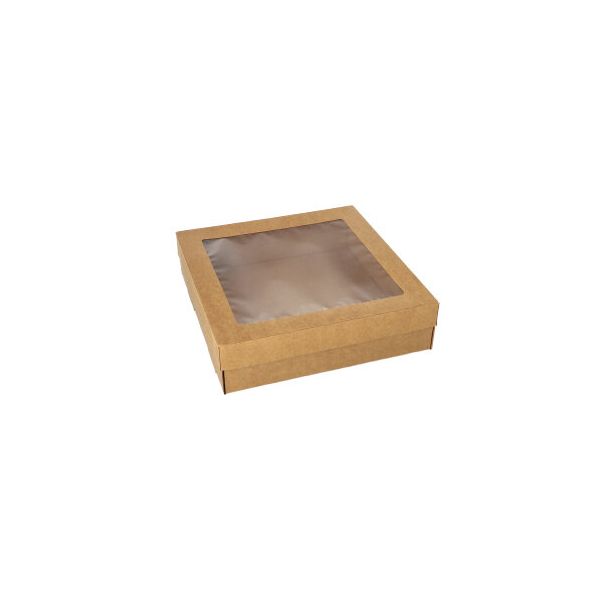 Transport- und Catering-Kartons, Pappe eckig 22,5 x 22,5 cm braun mit separatem Deckel und Sichtfenster aus PET - Bild 1 Transport- und Catering-Kartons, Pappe eckig 22,5 x 22,5 cm braun mit separatem Deckel und Sichtfenster aus PET - Bild 1