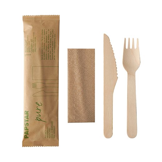 Bio bestekset hout "pure" 3/1 houten mes, vork, servet in papieren sleeve 1