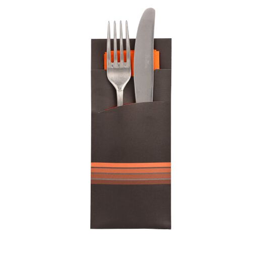 Bestekzakjes 20 cm x 8,5 cm zwart/oranje "Stripes" inclusief gekleurde servet 33 x 33 cm , 2-laags 1