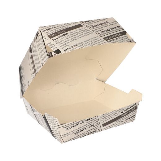 Hamburgerbox, karton van verse houtvezels 7 cm x 12,5 cm x 12,5 cm "Newsprint" groot 1