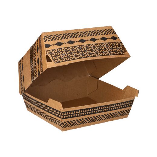 Hamburgerbox karton 5,9 x 14,8 cm x 13,2 cm bruin FSC "Maori" groot hamburger bakje 1