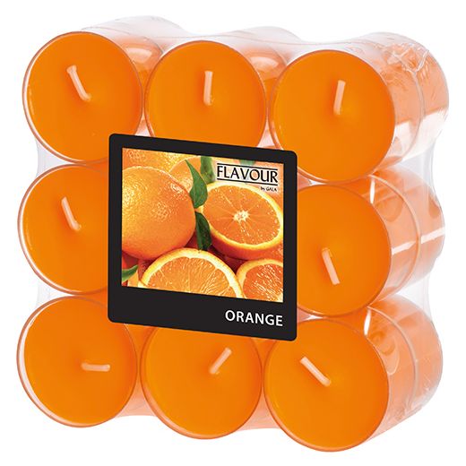 Geurende theelichtjes, geurtheelichten "Flavour" Ø 38 mm · 24 mm oranje - geur sinaasappel 1