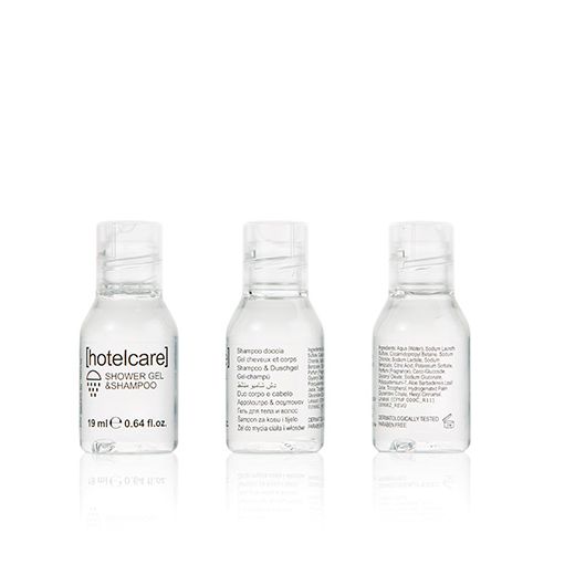 Douchegel & shampoo "Hotel Care" 19 ml transparant, probeerflesjes, testers, reisflesje, mini flesje 1