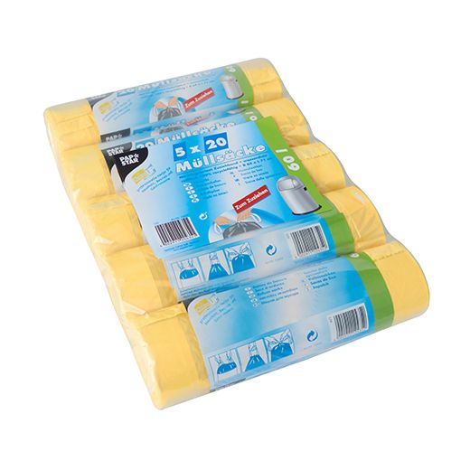 Huisvuilzakken met treklint, HDPE 60 l 71 cm x 64 cm geel, trekbandzakken 1