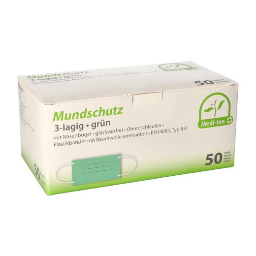 "Medi-Inn®" Mundschutz Type IIR 3-lagig 9 cm x 17,5 cm groen met neusbeugel en elastische bandjes 1