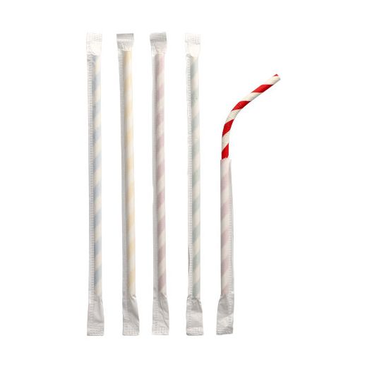 Buigbare drinkrietjes van, papier Ø 6 mm · 20 cm assorti "Stripes" per stuk verpakt, papieren buigrietjes gestreept individueel verpakt, FSC 1