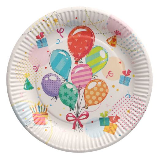 Kartonnen feestborden met ballonnen, rond Ø 23 cm, "Biobased Party" borden van karton voor feest 1