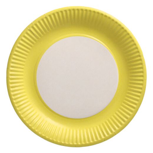 Kartonnen borden met gele rand, rond Ø 23 cm, "Biobased Party" feestborden 1