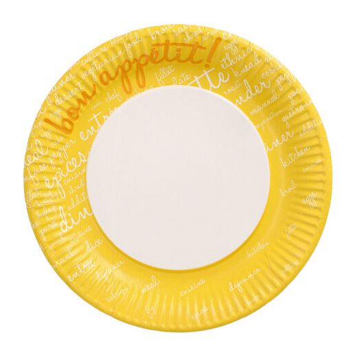 Kartonnen borden met gele rand, rond Ø 23 cm "Table Pleasures, papieren borden, FSC 1