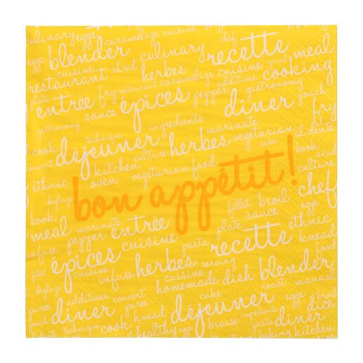 Servetten, 3-laags 1/4 vouw 40 x 40 cm, geel met opdruk Bon appétit "Table Pleasures" 1