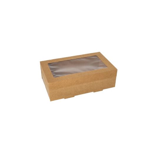 Vensterdoos, cateringdozen rechthoekig karton 15,3 x 25,5 cm bruin met los deksel en PET-kijkvenster 1