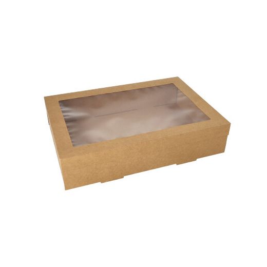 Vensterdoos, cateringdozen rechthoekig karton 25,2 x 35,9 cm bruin met los deksel en PET-kijkvenster 1