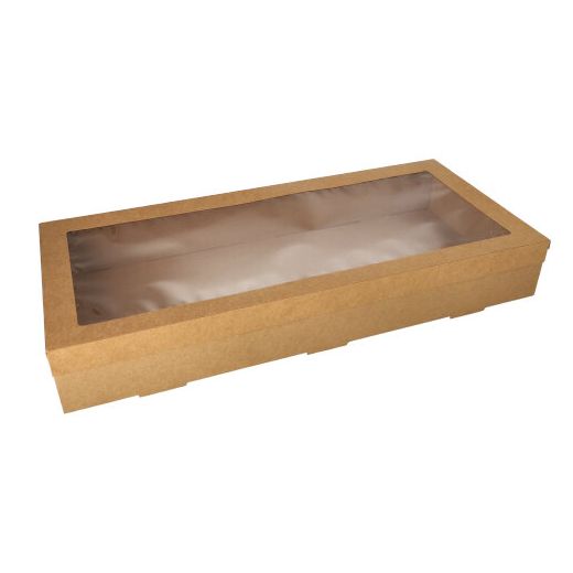 Vensterdoos, cateringdozen rechthoekig karton 25,2 x 55,8 cm bruin met los deksel en PET-kijkvenster 1