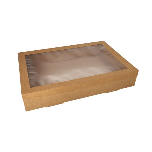 Vensterdoos, cateringdozen rechthoekig karton 31 x 45 cm bruin met los deksel en PET-kijkvenster 1