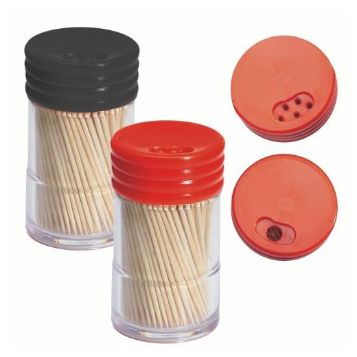 Ronde tandenstokers van hout, lengte 6,5 cm, in potjes met 6 rode / zwarte deksels 1