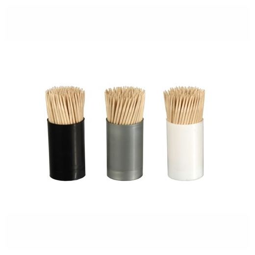 Ronde tandenstokers van hout in gekleurde potjes à 150 stuks, lengte 6,8 cm - 5 sets met zwarte, zilveren en witte dispensers, 5 sets met gele, rode en blauwe dispensers 1