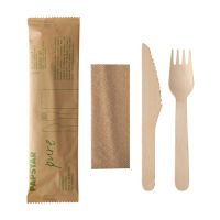 Bio bestekset hout "pure" 3/1 houten mes, vork, servet in papieren sleeve