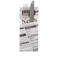 Bestekzakjes 20 cm x 8,5 cm zwart/wit "Newsprint" incl. zwarte servet 33 x 33 cm 2-laags