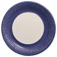 Kartonnen borden met donkerblauwe rand, rond Ø 23 cm, "Biobased Party" feestborden
