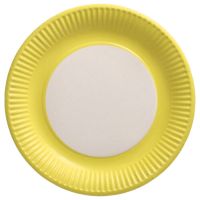 Kartonnen borden met gele rand, rond Ø 23 cm, "Biobased Party" feestborden