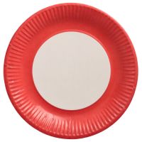 Kartonnen borden met rode rand, rond Ø 23 cm , "Biobased Party" feestborden