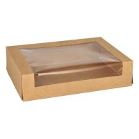 Sushi-box, sushi-doos, karton met PLA-venster, rechthoekig 4,5 cm x 19,5 cm x 14 cm bruin