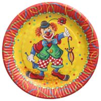 Kartonnen feestborden met clown motief, rond Ø 23 cm, "Biobased Party"