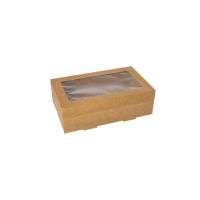 Vensterdoos, cateringdozen rechthoekig karton 15,3 x 25,5 cm bruin met los deksel en PET-kijkvenster