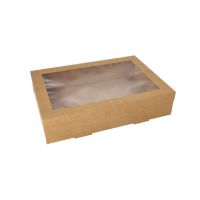 Vensterdoos, cateringdozen rechthoekig karton 25,2 x 35,9 cm bruin met los deksel en PET-kijkvenster