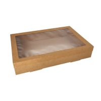Vensterdoos, cateringdozen rechthoekig karton 31 x 45 cm bruin met los deksel en PET-kijkvenster