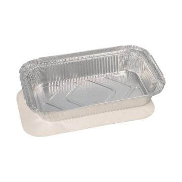 Aluminium schalen met inlegdeksels, PP gelamineerd plein 0,65 l 3,4 cm x 13 cm x 22 cm voor Lasagna