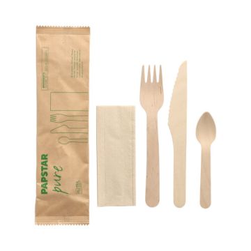 Bio bestekset 4/1 "pure" mes vork koffielepel servet in papieren sleeve