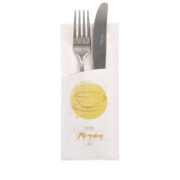 Bestekzakjes 20 cm x 8,5 cm wit met opdruk "Good Morning" inclusief wit servet 33 x 33 cm 2-laags