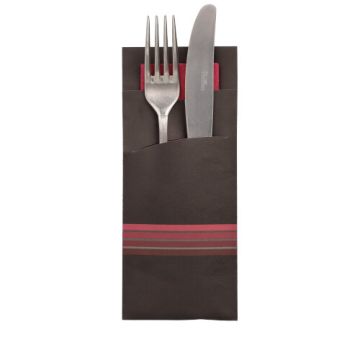 Bestekzakjes 20 cm x 8,5 cm zwart/donker rood "Stripes" inclusief gekleurde servet 33 x 33 cm , 2-laags