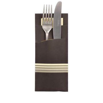 Bestekzakjes 20 cm x 8,5 cm zwart/creme "Stripes" inclusief gekleurde servet 33 x 33 cm , 2-laags