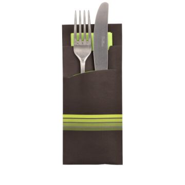Bestekzakjes 20 cm x 8,5 cm zwart/limoengroen "Stripes" inclusief gekleurde servet 33 x 33 cm , 2-laags