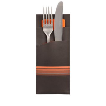 Bestekzakjes 20 cm x 8,5 cm zwart/oranje "Stripes" inclusief gekleurde servet 33 x 33 cm , 2-laags