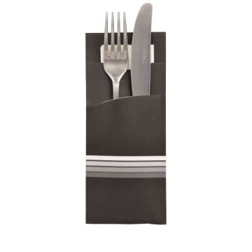 Bestekzakjes 20 cm x 8,5 cm zwart/wit "Stripes" inclusief gekleurde servet 33 x 33 cm , 2-laags