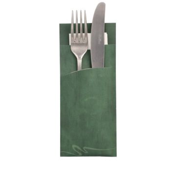 Bestekzakjes 20 cm x 8,5 cm donkergroen inclusief wit servet 33 x 33 cm 2-laags