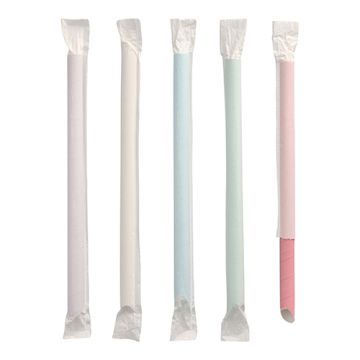 Bubble Tea Drinkrietjes, papier Ø 12 mm · 20 cm assorti kleuren, afzonderlijk verpakt, eenzijdig spitse punt