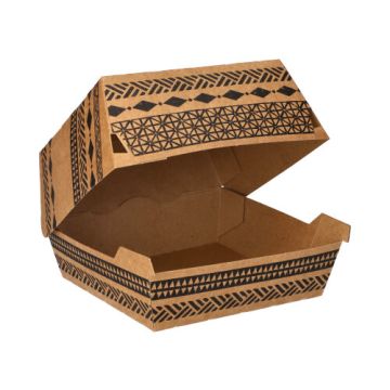 Hamburgerbox karton 5,9 x 14,8 cm x 13,2 cm bruin FSC "Maori" groot hamburger bakje