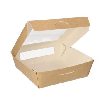 Cateringdoos van bruin karton met PLA venster, 'pure' | 16cm x 16cm x 5cm