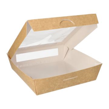 Cateringdoos van bruin karton met PLA venster, 'pure' | 19cm x 19cm x 5cm
