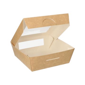 Cateringdoos van bruin karton met PLA venster, 'pure' | 14cm x 14cm x 5cm