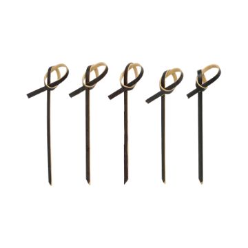 Knoopprikker bamboe 6 cm zwart, fingerfood prikker met lusje