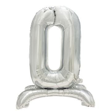 XL cijferballon "0" met standaard H 73 cm zilveren cijfer ballon staand