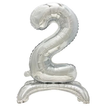 XL cijferballon "2" met standaard H 73 cm zilveren cijfer ballon staand