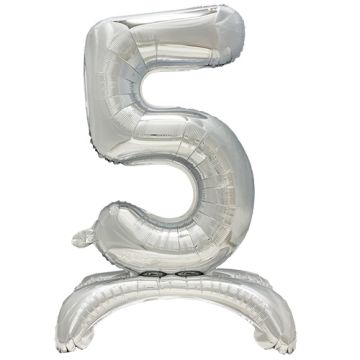 XL cijferballon "5" met standaard H 73 cm zilveren cijfer ballon staand